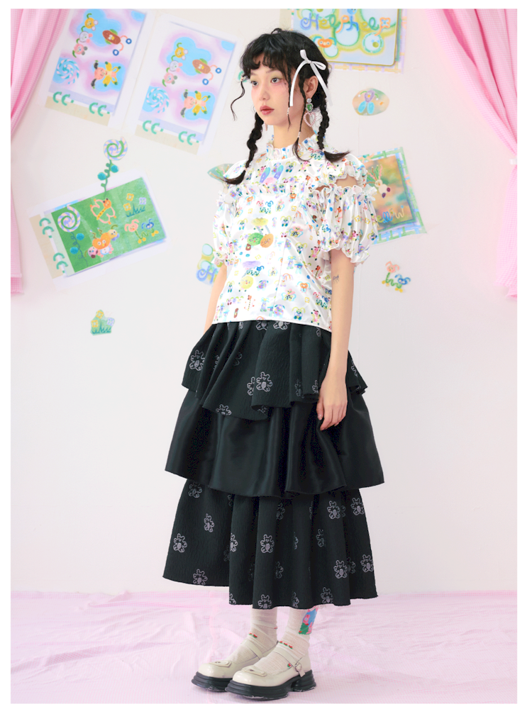Satin Colour Print Short Bubble Sleeve Shirt【s0000009540】