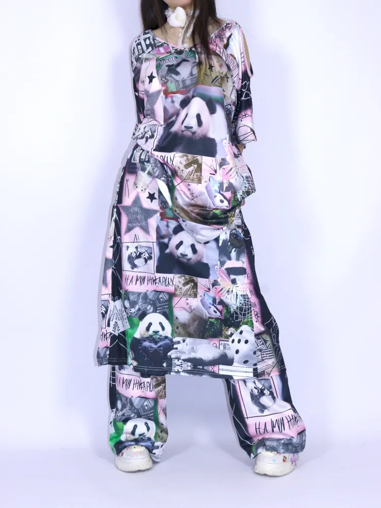 Panda Patchwork Print Off-Shoulder T-Shirt【s0000013979】