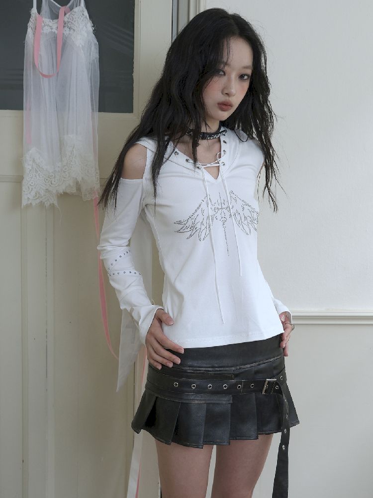 Halter Pleated Leather Short Skirt [S0000010722]