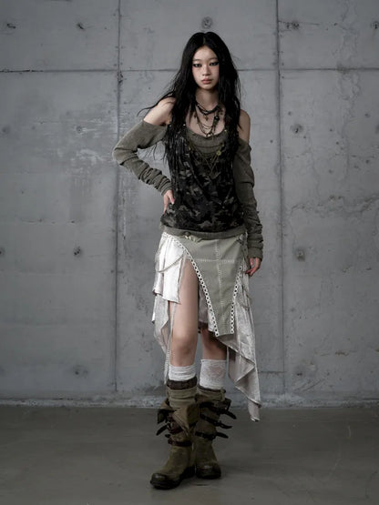 Asymmetric Leather-Satin Skirt【s0000013944】