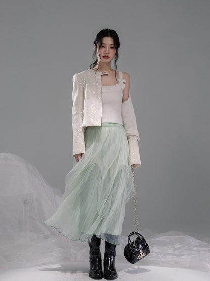 Cloud Woven White Bow Wool Vest【s0000015740】