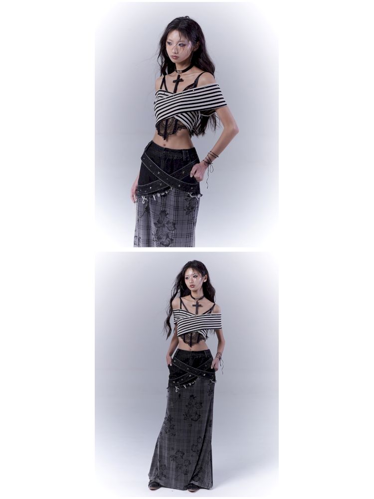 One-shoulder striped hot bustier top【s0000012839】