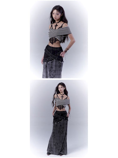 One-shoulder striped hot bustier top【s0000012839】