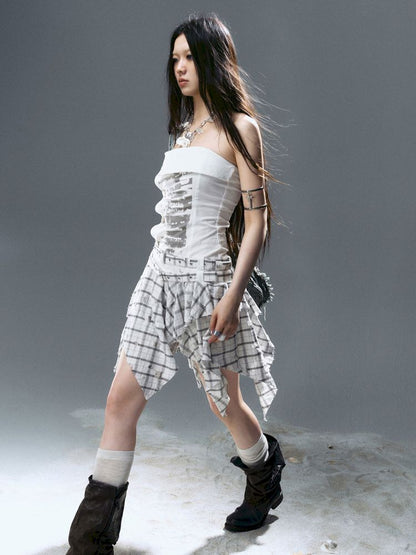 Asymmetrical patchwork plaid strapless dress【s0000012808】