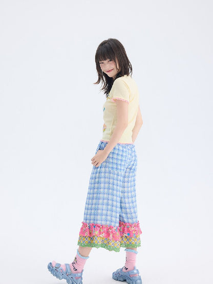 Plaid Patchwork Lace Cropped Pants【s0000017697】