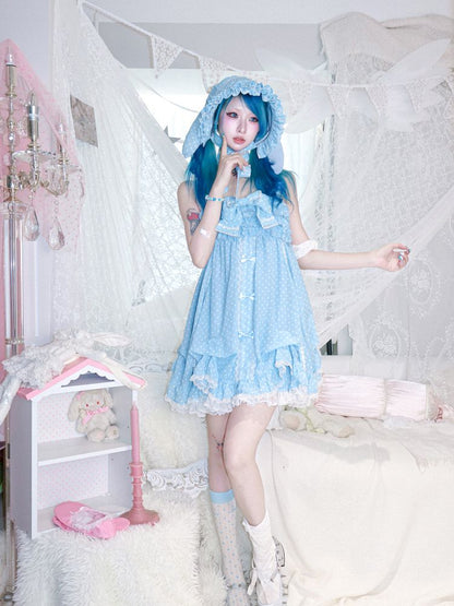 Polka dot strapless dress/chiffon bow jacket【s0000012689】