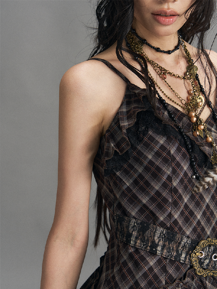 Vintage Patchwork Lace Plaid Dress【s0000017532】