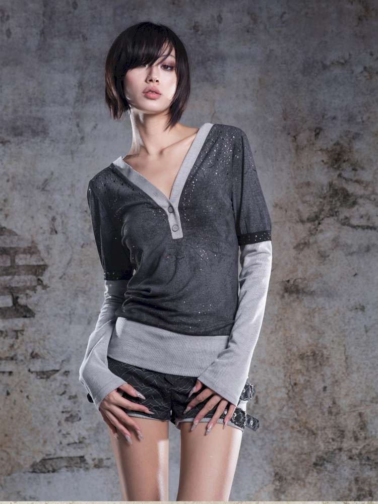 High-Stretch Printed Rhinestone Knit Top【s0000014490】