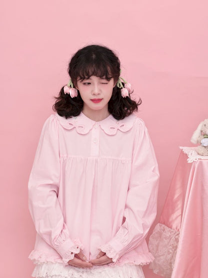 Doll Collar Zipper Neck Pink Lace Blouse【s0000013492】