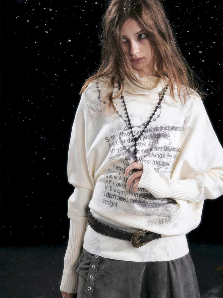 Graffiti Bat Sleeve Pleated Sweater【s0000014669】