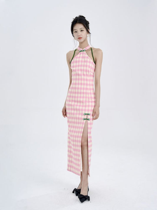 Pink Check Slim Long Cheongsam Dress【s0000008783】