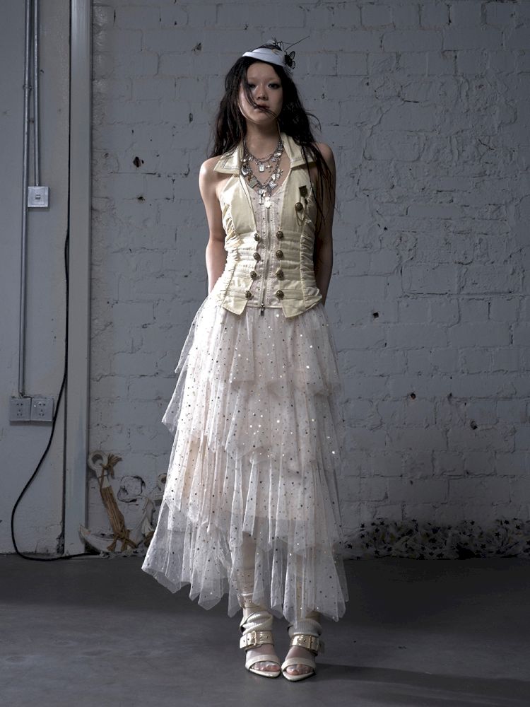 Slimming faux two-piece vest halter top【s0000012798】