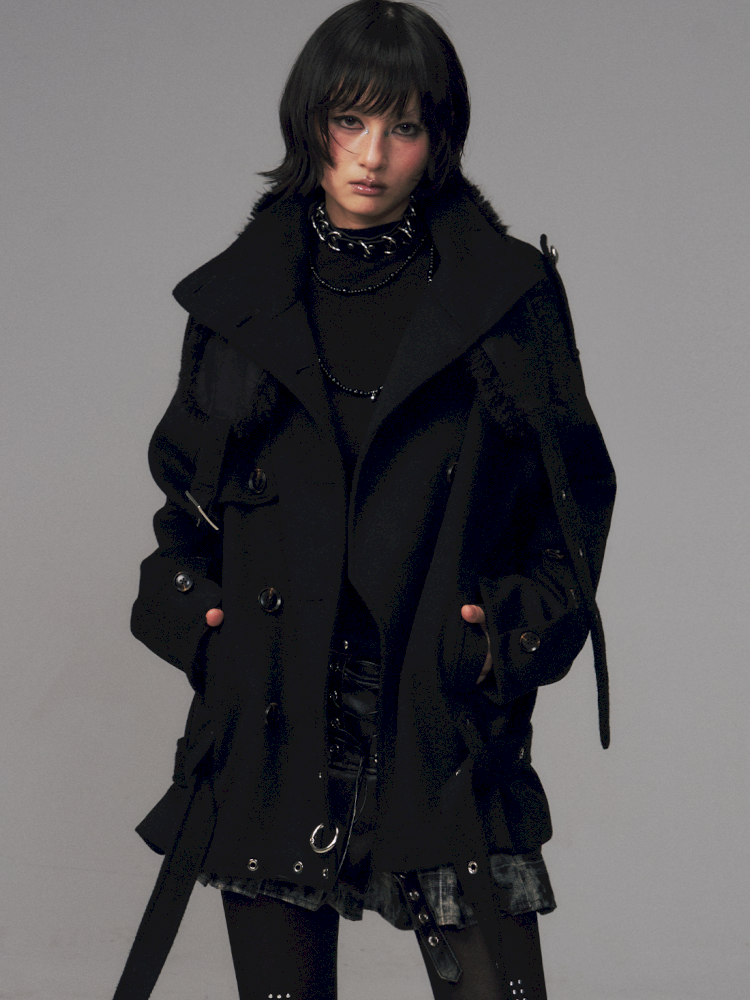 Dark Wool Double-Breasted Coat【s0000014451】