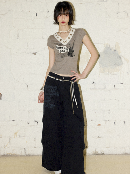 V-Neck Guitar Print Short Sleeve T-Shirt【s0000012424】