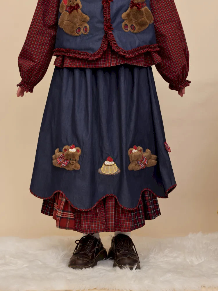Teddy bear embroidered denim skirt【s0000014176】