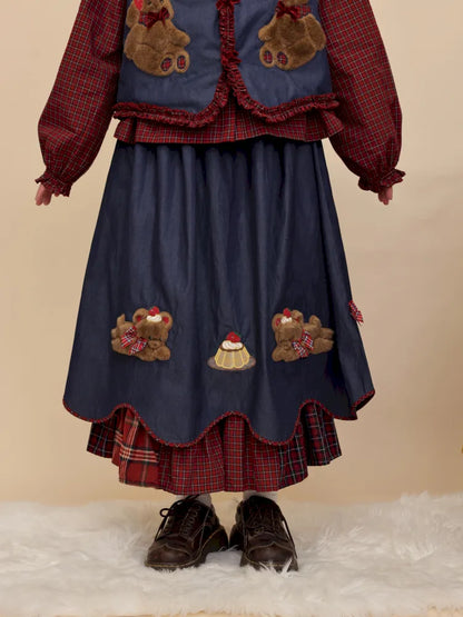 Teddy bear embroidered denim skirt【s0000014176】