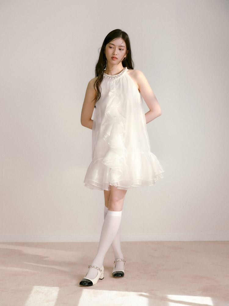 Bow Pearl Neckline Pom Pom Dress【s0000013243】