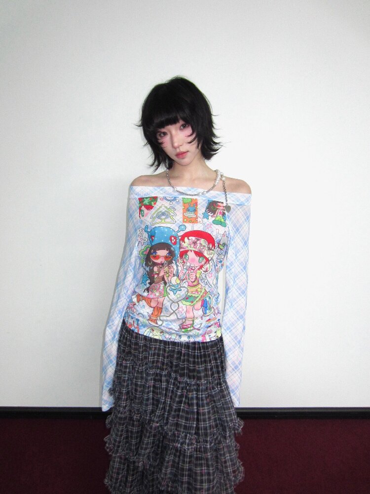 Check Stretch Mesh Long Sleeve Top【s0000018654】