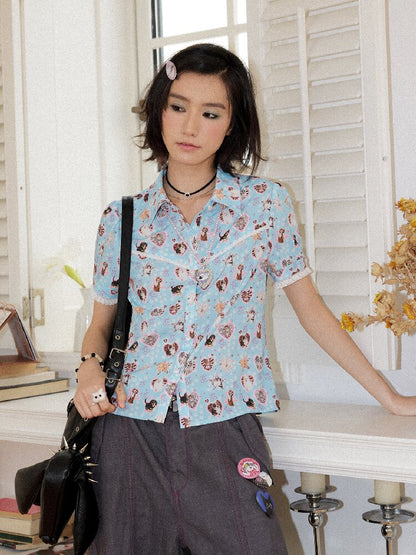 Lace Printed Short Sleeve Shirt【s0000016653】