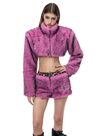 Pink Leopard Furry Miniskirt【s0000015126】