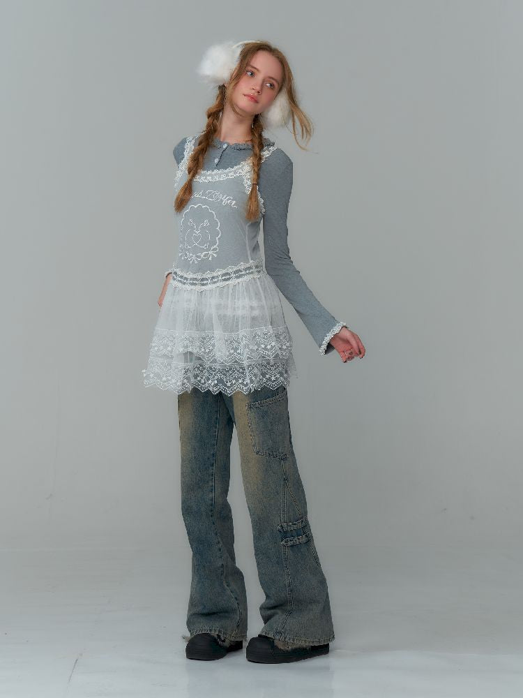 Mesh Sheer Lace Bottom Dress【s0000011503】