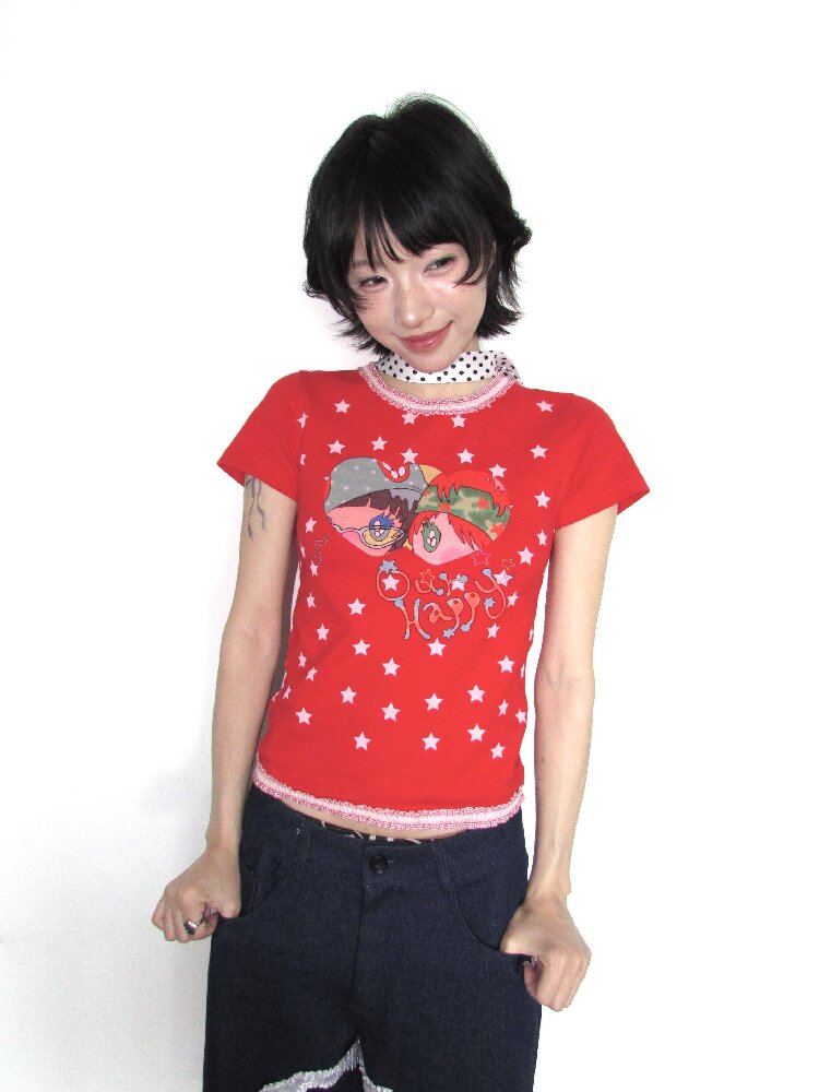 Lace Cotton Mini Print Short Top【s0000018656】