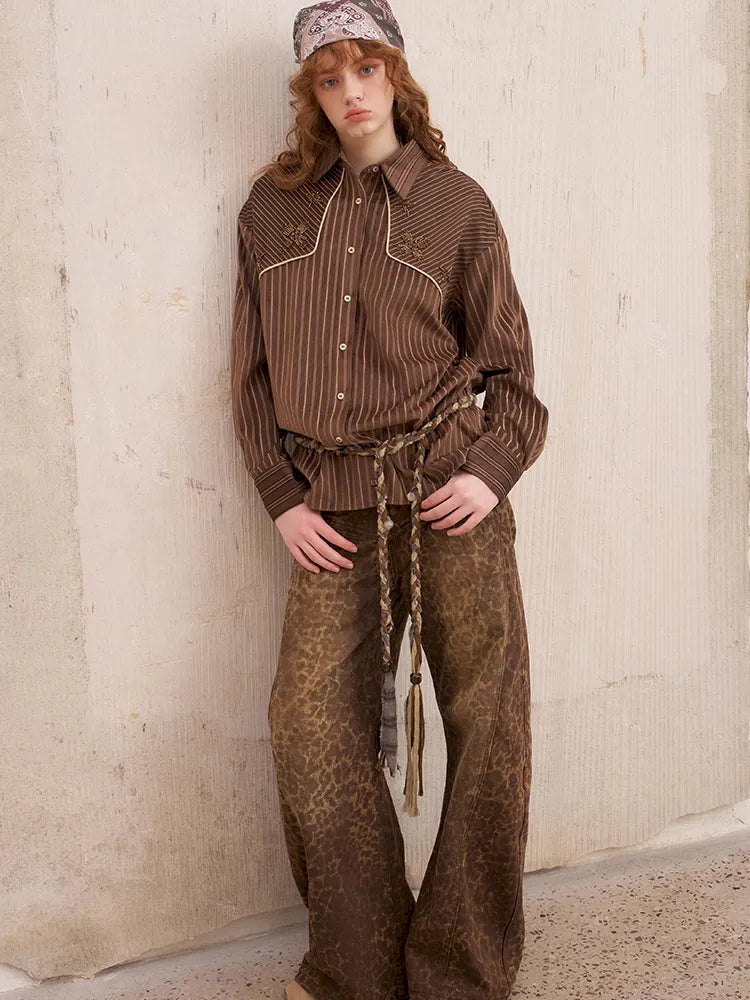 Velvet Beaded Contrast-Striped Vintage Shirt【s0000014079】