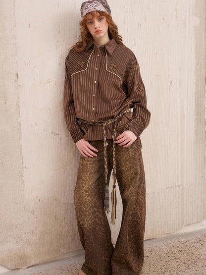 Velvet Beaded Contrast-Striped Vintage Shirt【s0000014079】