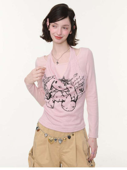 Rabbit Print Slim Halterneck Top【s0000015436】