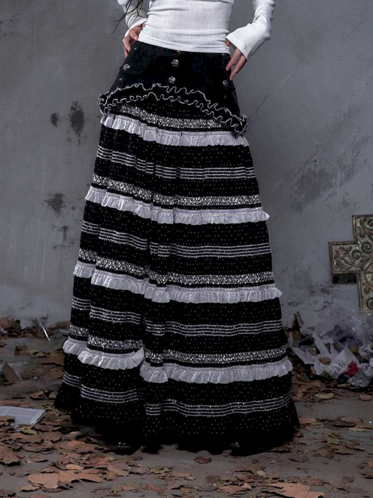 Patchwork Gathered A-Line Skirt【s0000014461】