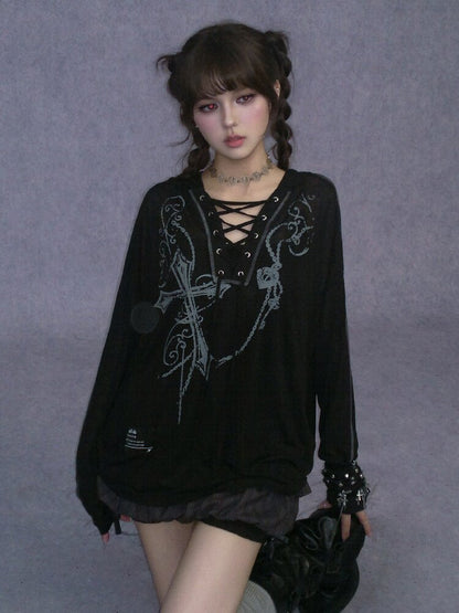 Dark Cross Print Strap Cardigan Hood【s0000017284】