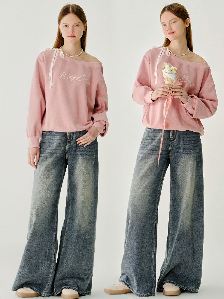 Lace Ribbon Sweatshirt Raglan Top【s0000011980】
