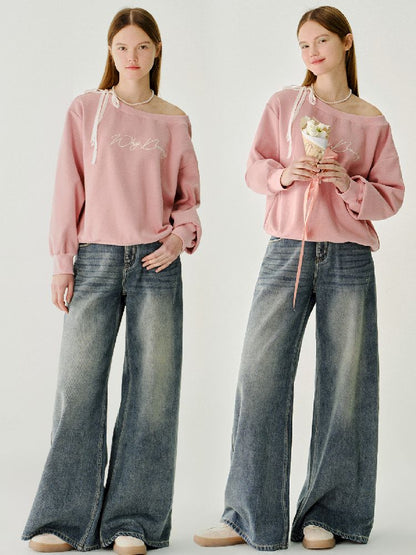Lace Ribbon Sweatshirt Raglan Top【s0000011980】