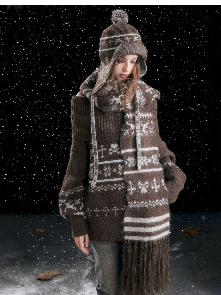 Striped Snowflake Ear Protection Beanie【s0000014672】