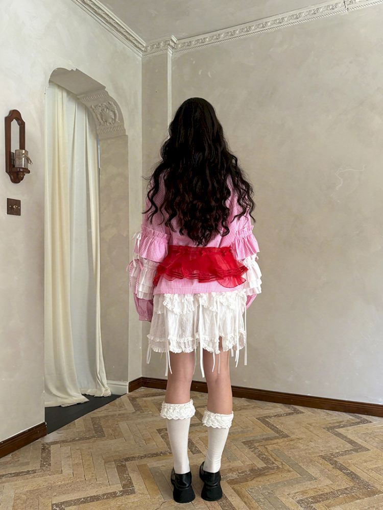 Pink checkered lace trim long-sleeved shirt【s0000012761】