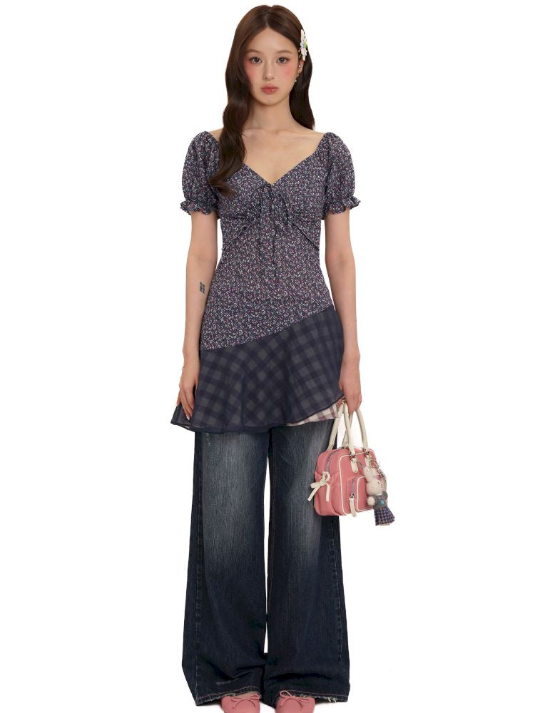 Plaid bubble sleeve top/dress【s0000013456】