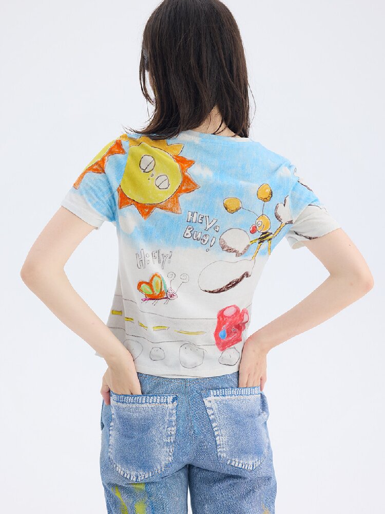 Graffiti Print Straight Shoulder Tee【s0000017694】