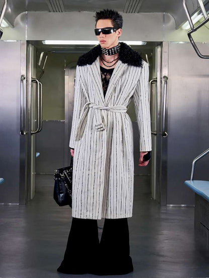 Thorn Stripe Panel Fur Collar Coat【s0000014642】