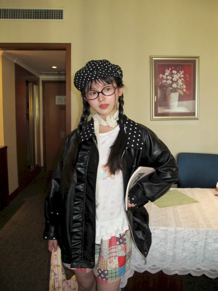 Lace-Trimmed Oversized Leather Jacket【s0000014167】