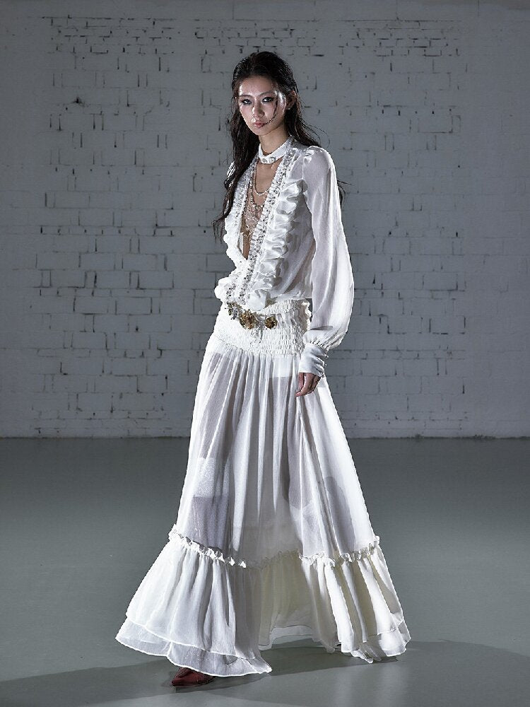 Shirring Deep V Chiffon Dress【s0000015932】