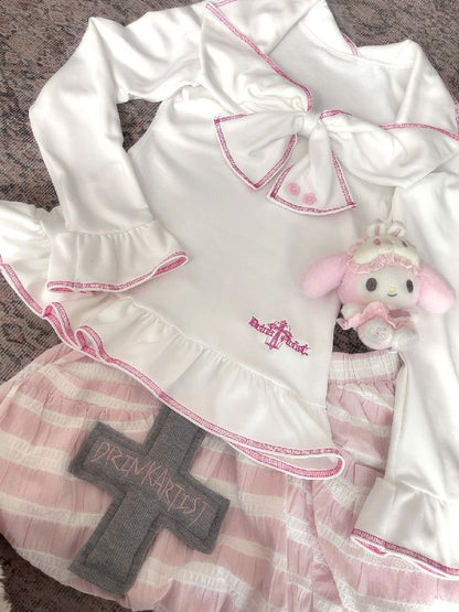 Lace Large Embroidered Bow Tops T-Shirt【s0000011844】