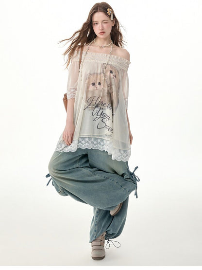 Lace Patchwork Cat Print T-Shirt【s0000017303】