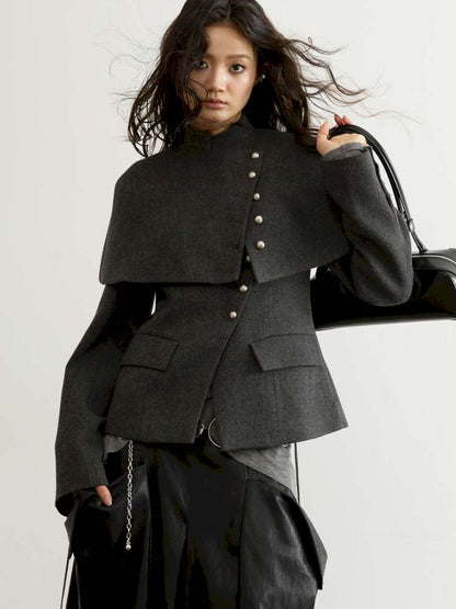 Removable Cape Gray Tweed Coat【s0000015192】