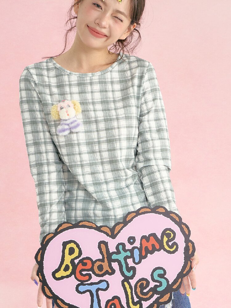 Plaid Crew Neck Waffle Print Top【s0000019249】