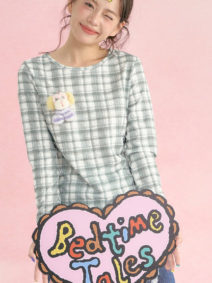 Plaid Crew Neck Waffle Print Top【s0000019249】