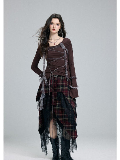 Damaged Plaid Lace Irregular Skirt【s0000016263】