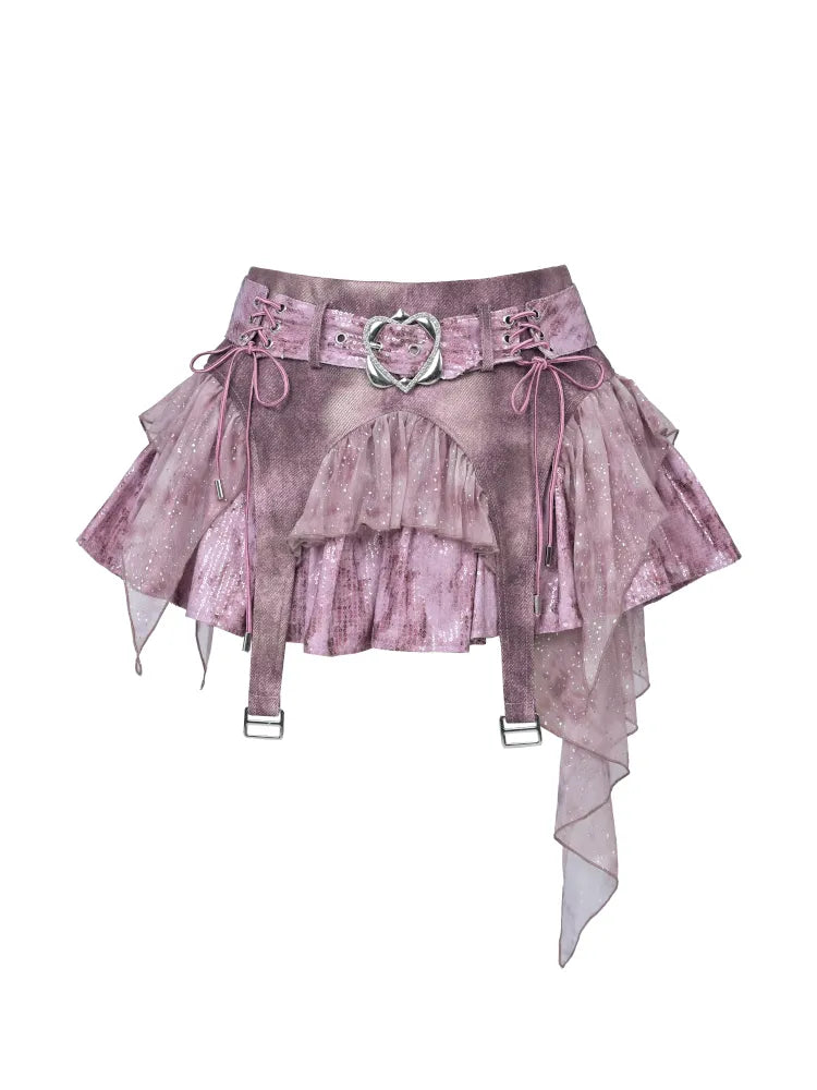 Sequined Denim A-Line Lace-Up Low-Waist Mini Skirt【s0000014026