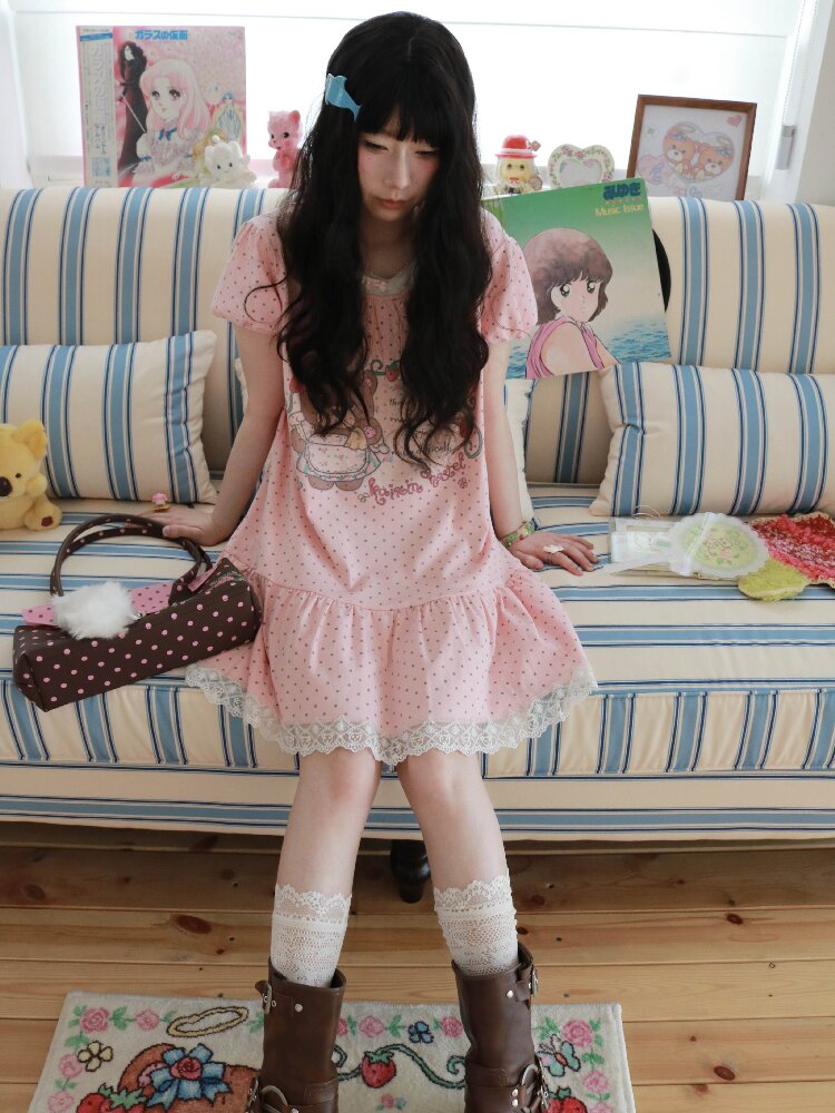 Bear Strawberry Lace Polka Dot Dress【s0000017508】