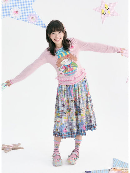 Pink Illustration Lace Long Sleeve T-Shirt【s0000018373】