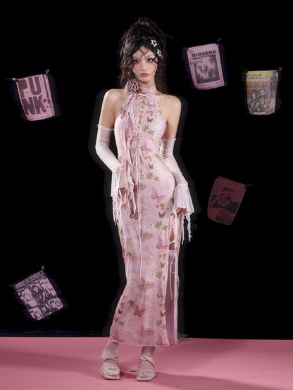 Butterfly Print Slit Tie Long Pink Cheongsam Dress [S0000009726]